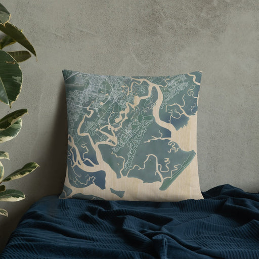 Custom Skidaway Island Georgia Map Throw Pillow in Afternoon on Bedding Against Wall