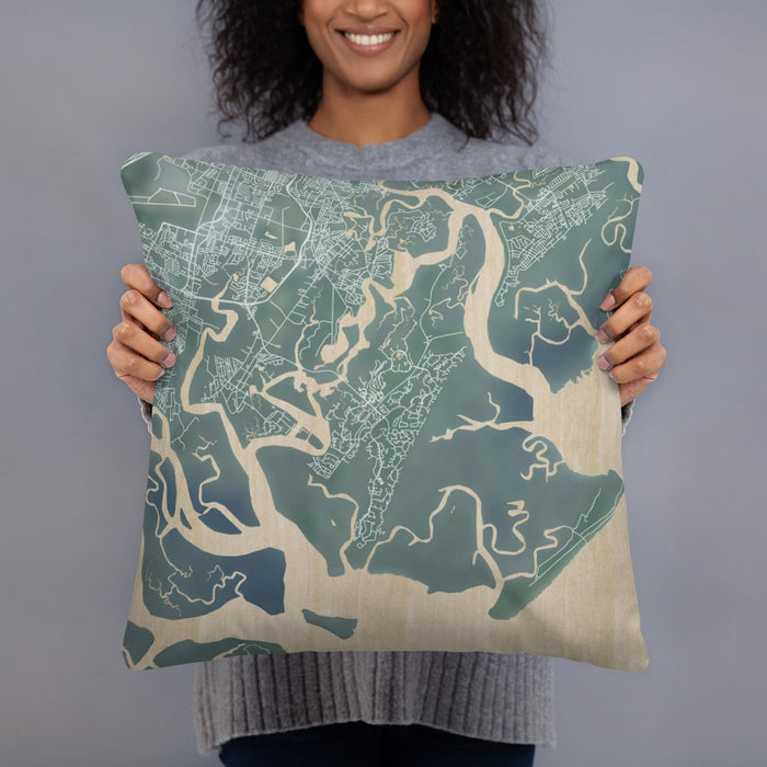Person holding 18x18 Custom Skidaway Island Georgia Map Throw Pillow in Afternoon