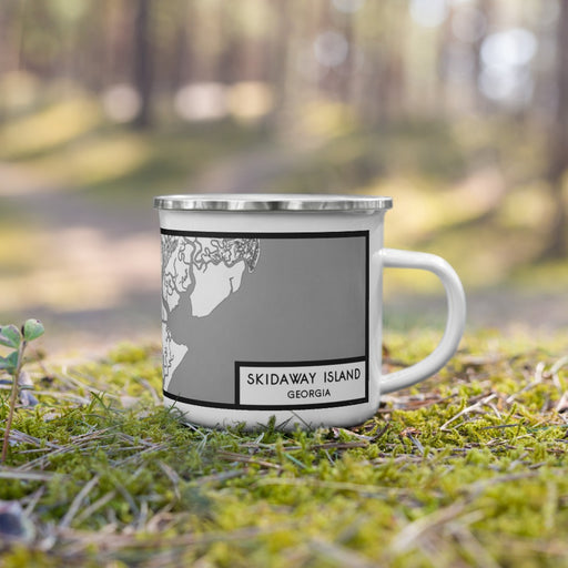 Right View Custom Skidaway Island Georgia Map Enamel Mug in Classic on Grass With Trees in Background