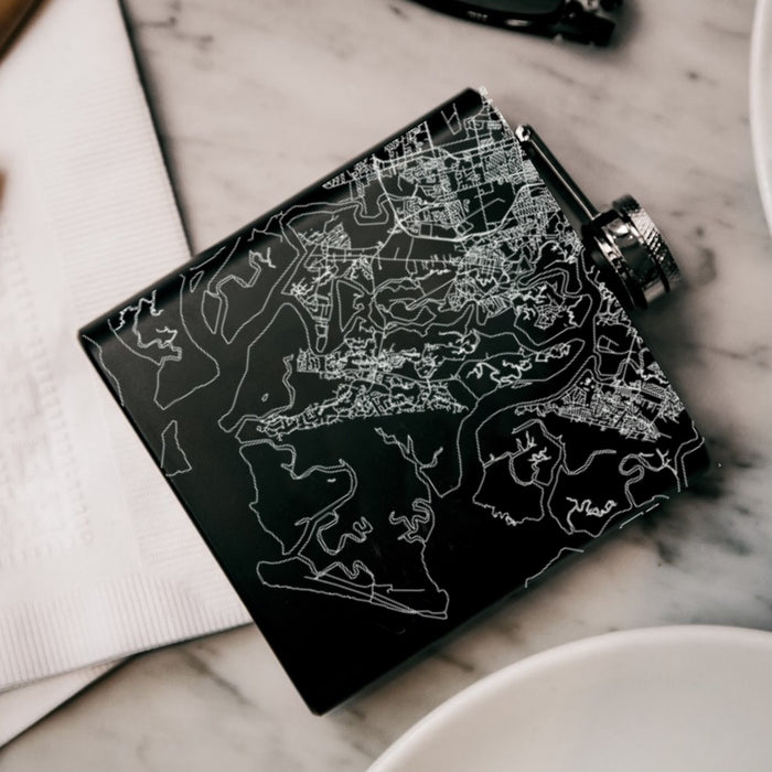Skidaway Island Georgia Custom Engraved City Map Inscription Coordinates on 6oz Stainless Steel Flask in Black
