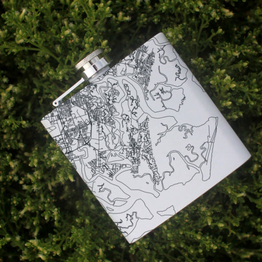 Skidaway Island Georgia Custom Engraved City Map Inscription Coordinates on 6oz Stainless Steel Flask in White
