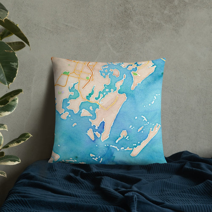 Custom Skidaway Island Georgia Map Throw Pillow in Watercolor on Bedding Against Wall