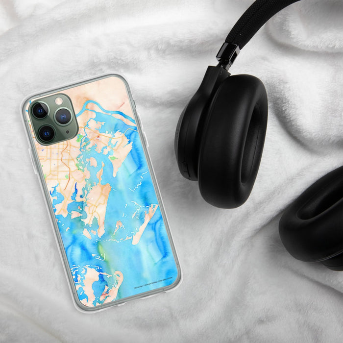 Custom Skidaway Island Georgia Map Phone Case in Watercolor on Table with Black Headphones