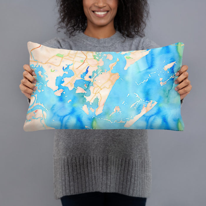 Person holding 20x12 Custom Skidaway Island Georgia Map Throw Pillow in Watercolor