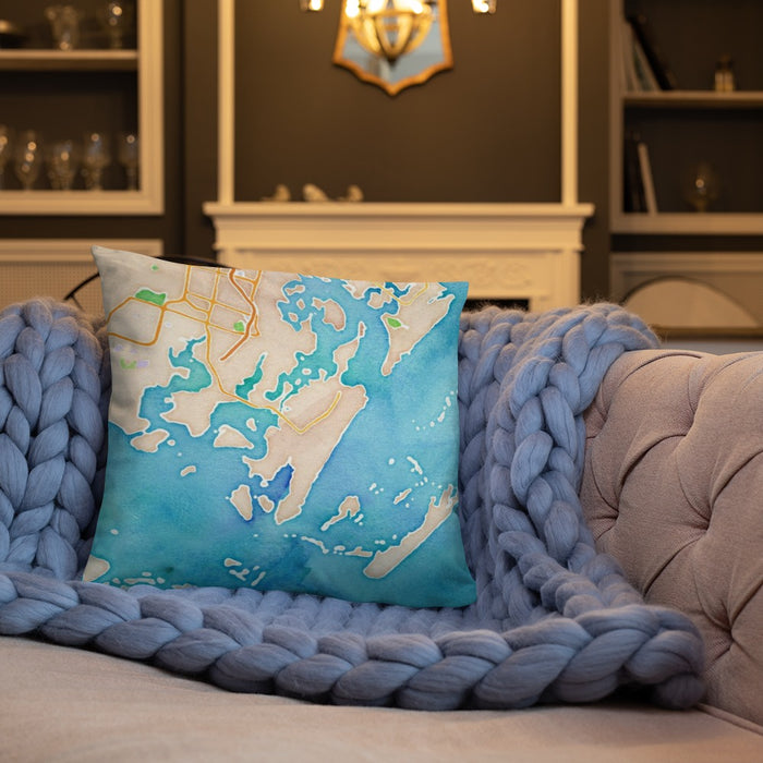 Custom Skidaway Island Georgia Map Throw Pillow in Watercolor on Cream Colored Couch