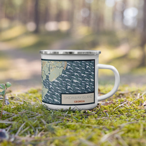 Right View Custom Skidaway Island Georgia Map Enamel Mug in Woodblock on Grass With Trees in Background