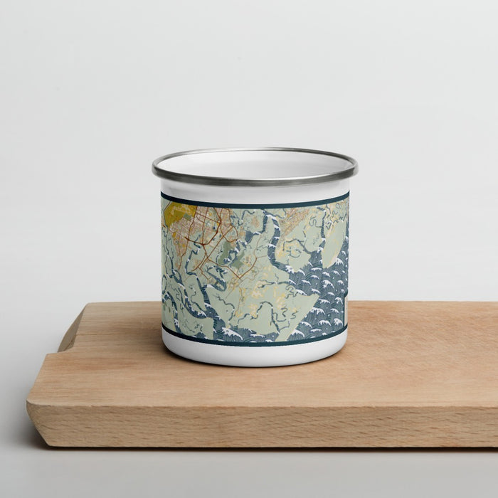 Front View Custom Skidaway Island Georgia Map Enamel Mug in Woodblock on Cutting Board