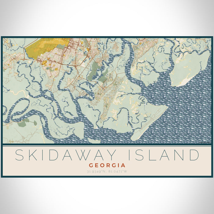 Skidaway Island Georgia Map Print Landscape Orientation in Woodblock Style With Shaded Background