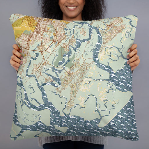 Person holding 22x22 Custom Skidaway Island Georgia Map Throw Pillow in Woodblock