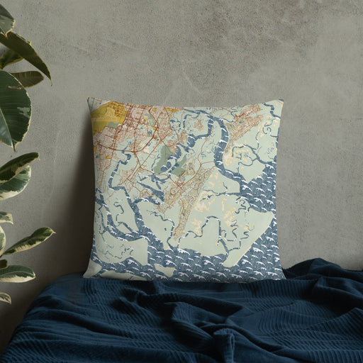 Custom Skidaway Island Georgia Map Throw Pillow in Woodblock on Bedding Against Wall