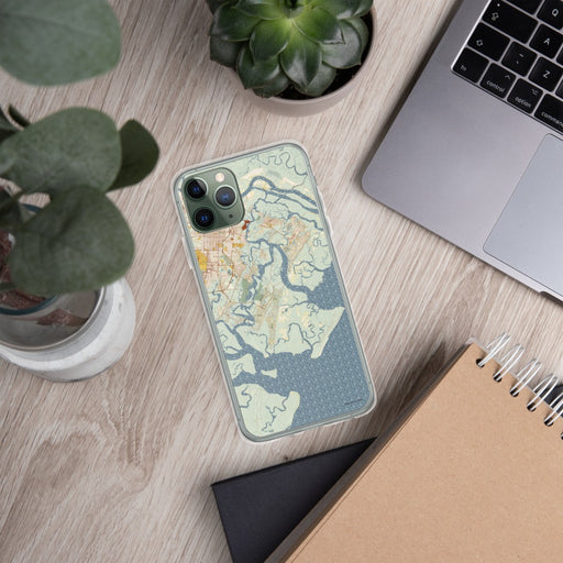 Custom Skidaway Island Georgia Map Phone Case in Woodblock on Table with Laptop and Plant