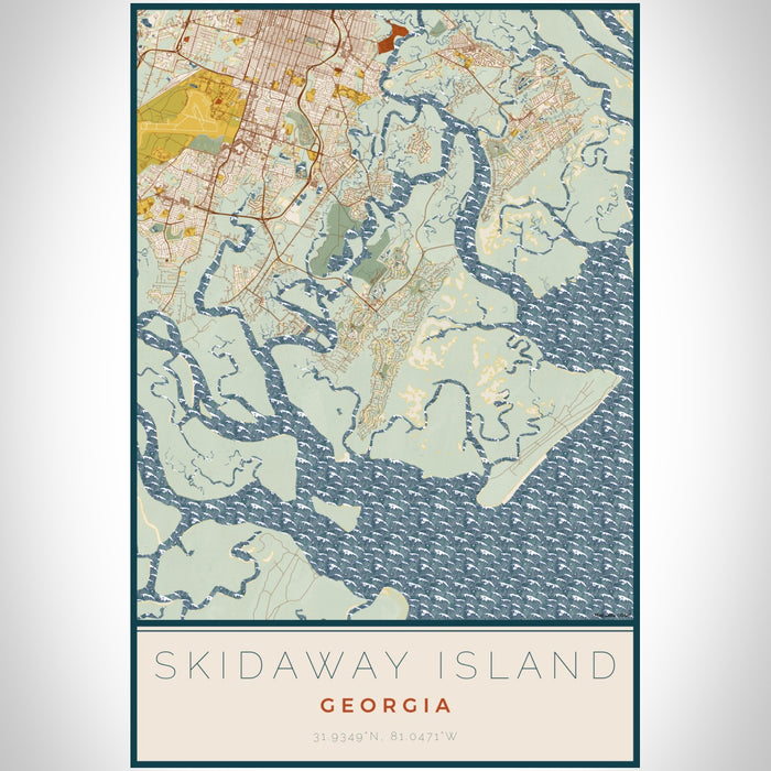 Skidaway Island Georgia Map Print Portrait Orientation in Woodblock Style With Shaded Background