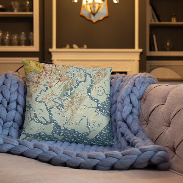 Custom Skidaway Island Georgia Map Throw Pillow in Woodblock on Cream Colored Couch