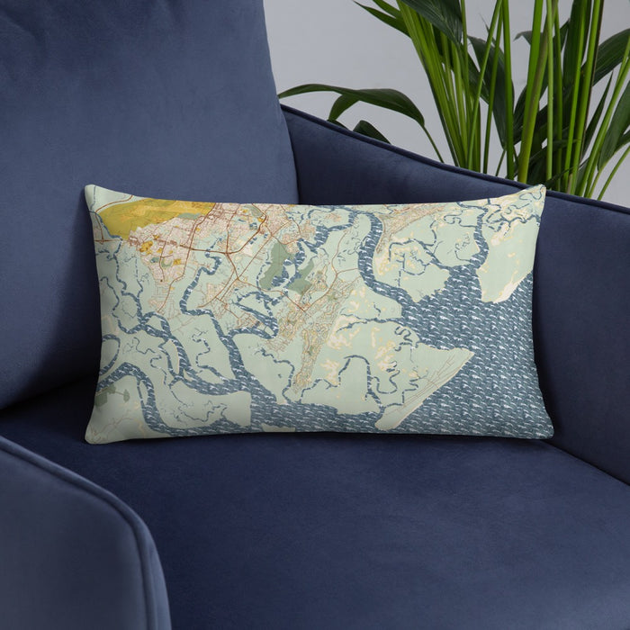 Custom Skidaway Island Georgia Map Throw Pillow in Woodblock on Blue Colored Chair