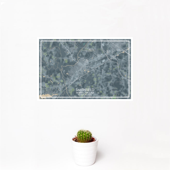 12x18 Smithfield North Carolina Map Print Landscape Orientation in Afternoon Style With Small Cactus Plant in White Planter