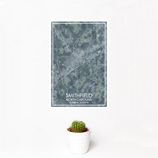 12x18 Smithfield North Carolina Map Print Portrait Orientation in Afternoon Style With Small Cactus Plant in White Planter