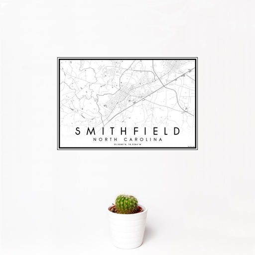 12x18 Smithfield North Carolina Map Print Landscape Orientation in Classic Style With Small Cactus Plant in White Planter