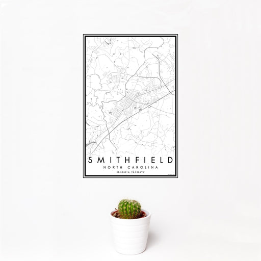 12x18 Smithfield North Carolina Map Print Portrait Orientation in Classic Style With Small Cactus Plant in White Planter