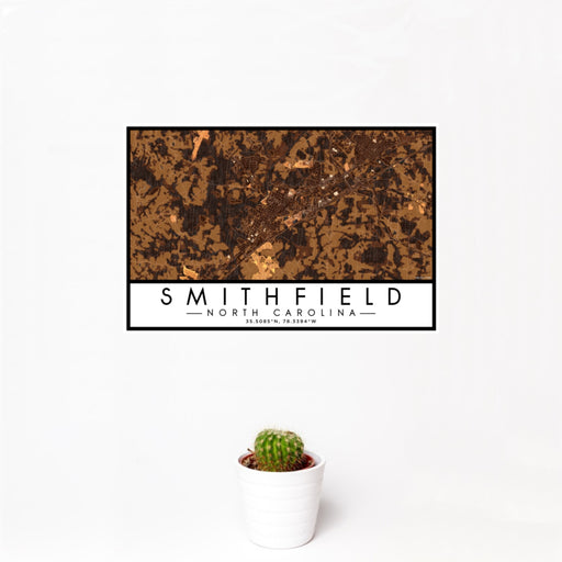 12x18 Smithfield North Carolina Map Print Landscape Orientation in Ember Style With Small Cactus Plant in White Planter