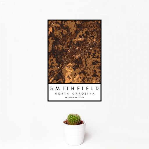 12x18 Smithfield North Carolina Map Print Portrait Orientation in Ember Style With Small Cactus Plant in White Planter