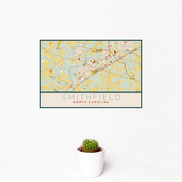 12x18 Smithfield North Carolina Map Print Landscape Orientation in Woodblock Style With Small Cactus Plant in White Planter