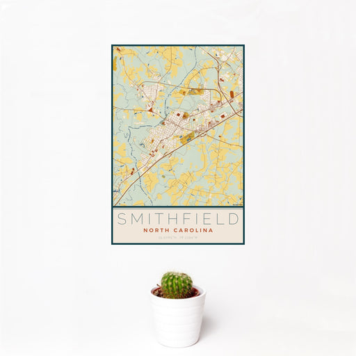 12x18 Smithfield North Carolina Map Print Portrait Orientation in Woodblock Style With Small Cactus Plant in White Planter
