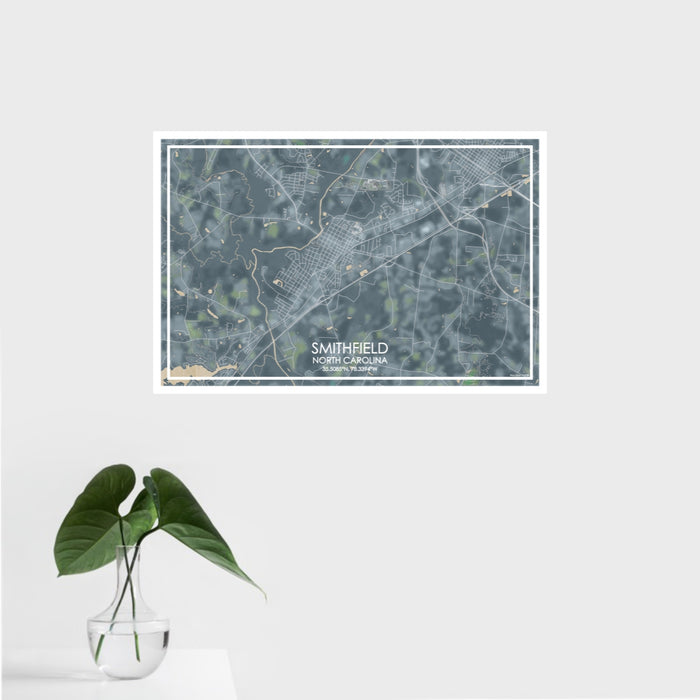 16x24 Smithfield North Carolina Map Print Landscape Orientation in Afternoon Style With Tropical Plant Leaves in Water