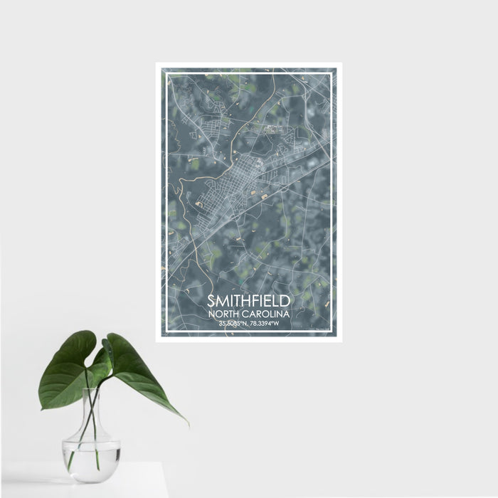 16x24 Smithfield North Carolina Map Print Portrait Orientation in Afternoon Style With Tropical Plant Leaves in Water