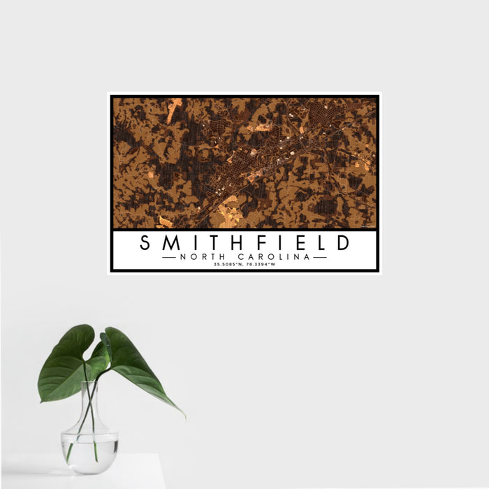 16x24 Smithfield North Carolina Map Print Landscape Orientation in Ember Style With Tropical Plant Leaves in Water