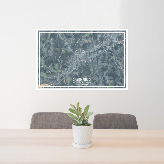 24x36 Smithfield North Carolina Map Print Lanscape Orientation in Afternoon Style Behind 2 Chairs Table and Potted Plant