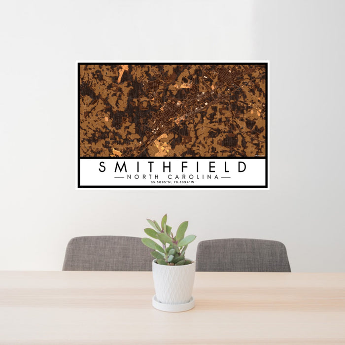 24x36 Smithfield North Carolina Map Print Lanscape Orientation in Ember Style Behind 2 Chairs Table and Potted Plant