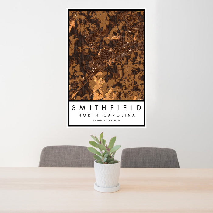 24x36 Smithfield North Carolina Map Print Portrait Orientation in Ember Style Behind 2 Chairs Table and Potted Plant