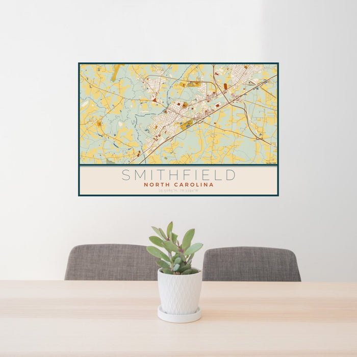 24x36 Smithfield North Carolina Map Print Lanscape Orientation in Woodblock Style Behind 2 Chairs Table and Potted Plant