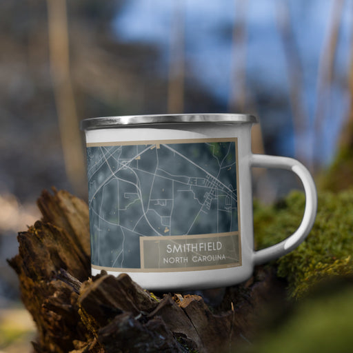 Right View Custom Smithfield North Carolina Map Enamel Mug in Afternoon on Grass With Trees in Background