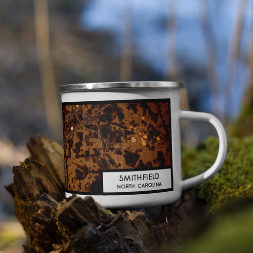 Right View Custom Smithfield North Carolina Map Enamel Mug in Ember on Grass With Trees in Background