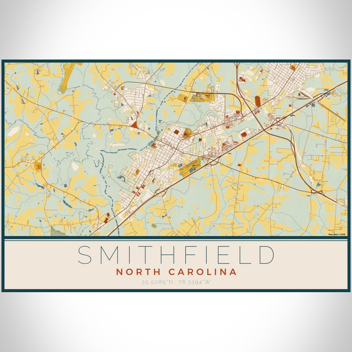 Smithfield North Carolina Map Print Landscape Orientation in Woodblock Style With Shaded Background