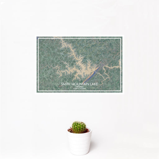 12x18 Smith Mountain Lake Virginia Map Print Landscape Orientation in Afternoon Style With Small Cactus Plant in White Planter