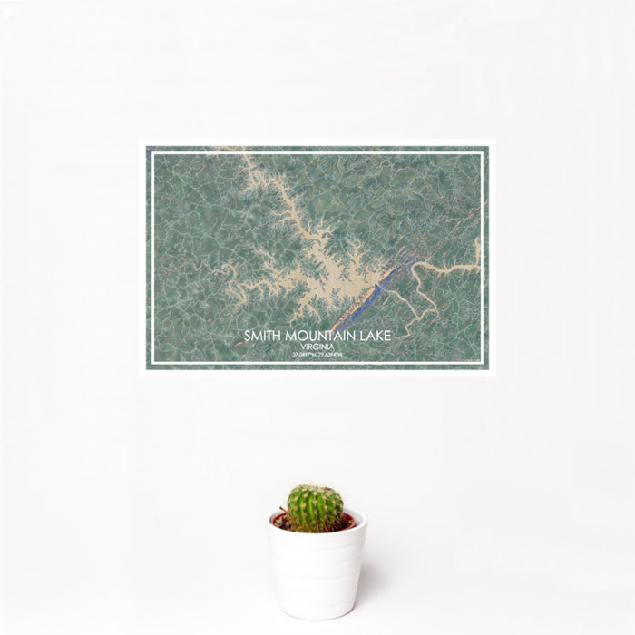 12x18 Smith Mountain Lake Virginia Map Print Landscape Orientation in Afternoon Style With Small Cactus Plant in White Planter