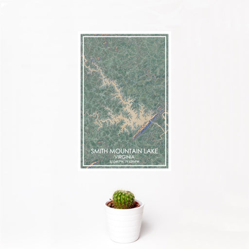 12x18 Smith Mountain Lake Virginia Map Print Portrait Orientation in Afternoon Style With Small Cactus Plant in White Planter