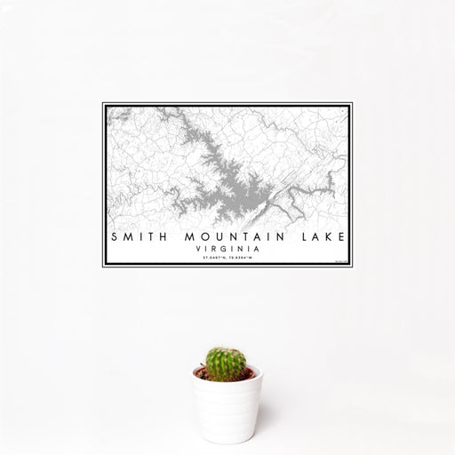 12x18 Smith Mountain Lake Virginia Map Print Landscape Orientation in Classic Style With Small Cactus Plant in White Planter