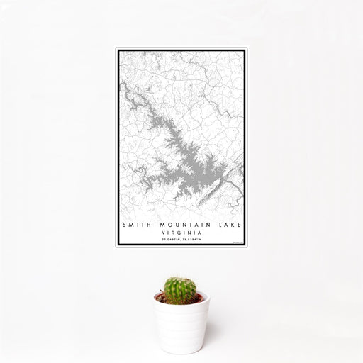 12x18 Smith Mountain Lake Virginia Map Print Portrait Orientation in Classic Style With Small Cactus Plant in White Planter