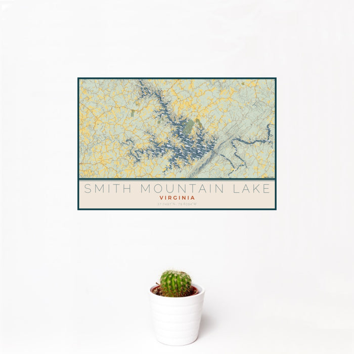 12x18 Smith Mountain Lake Virginia Map Print Landscape Orientation in Woodblock Style With Small Cactus Plant in White Planter