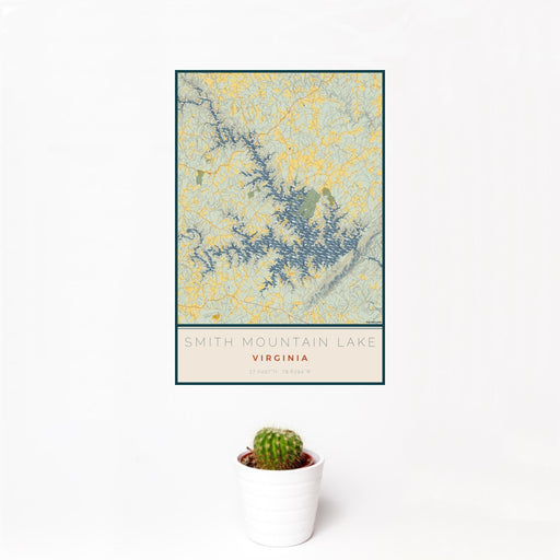 12x18 Smith Mountain Lake Virginia Map Print Portrait Orientation in Woodblock Style With Small Cactus Plant in White Planter
