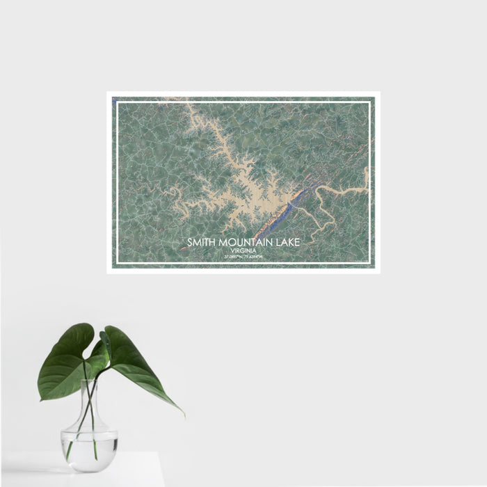 16x24 Smith Mountain Lake Virginia Map Print Landscape Orientation in Afternoon Style With Tropical Plant Leaves in Water