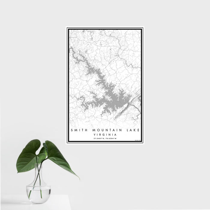 16x24 Smith Mountain Lake Virginia Map Print Portrait Orientation in Classic Style With Tropical Plant Leaves in Water