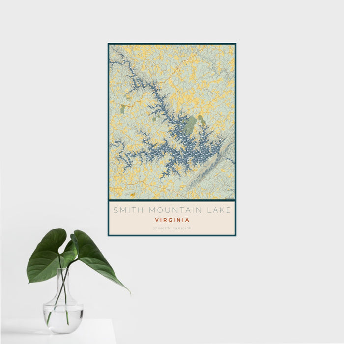16x24 Smith Mountain Lake Virginia Map Print Portrait Orientation in Woodblock Style With Tropical Plant Leaves in Water