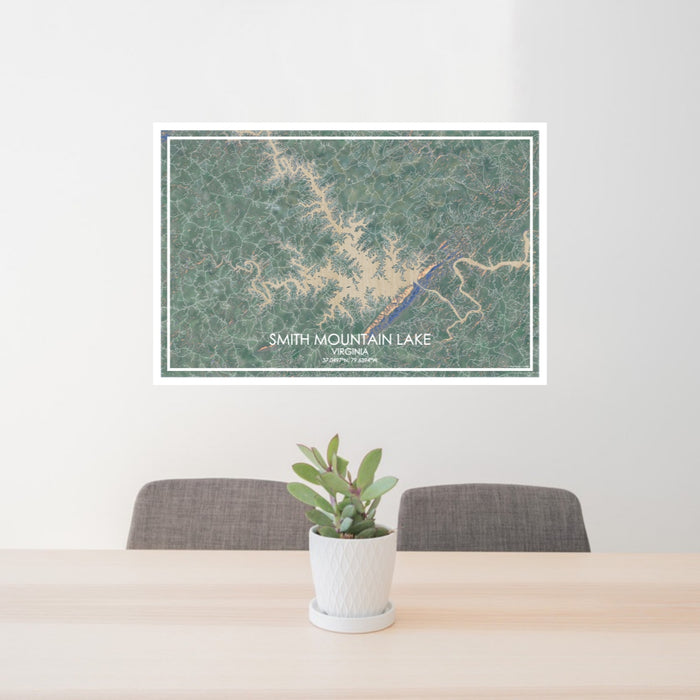 24x36 Smith Mountain Lake Virginia Map Print Lanscape Orientation in Afternoon Style Behind 2 Chairs Table and Potted Plant