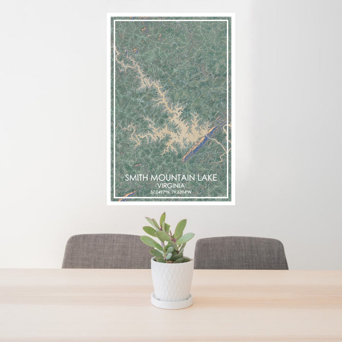 24x36 Smith Mountain Lake Virginia Map Print Portrait Orientation in Afternoon Style Behind 2 Chairs Table and Potted Plant