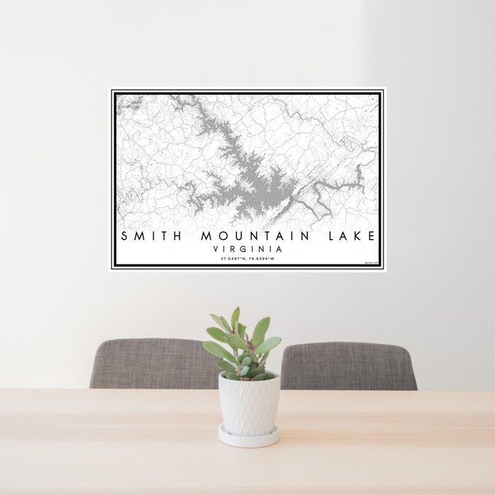 24x36 Smith Mountain Lake Virginia Map Print Lanscape Orientation in Classic Style Behind 2 Chairs Table and Potted Plant