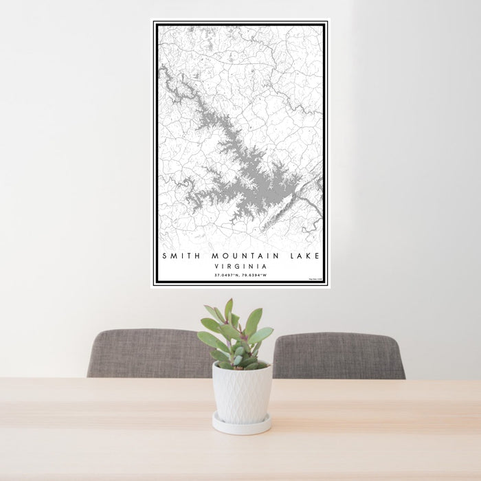 24x36 Smith Mountain Lake Virginia Map Print Portrait Orientation in Classic Style Behind 2 Chairs Table and Potted Plant